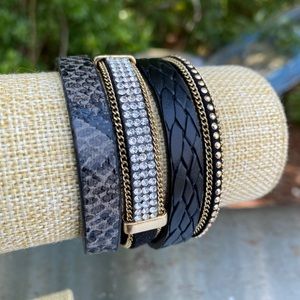 Four Strand Black Leather Bracelet with Crystals